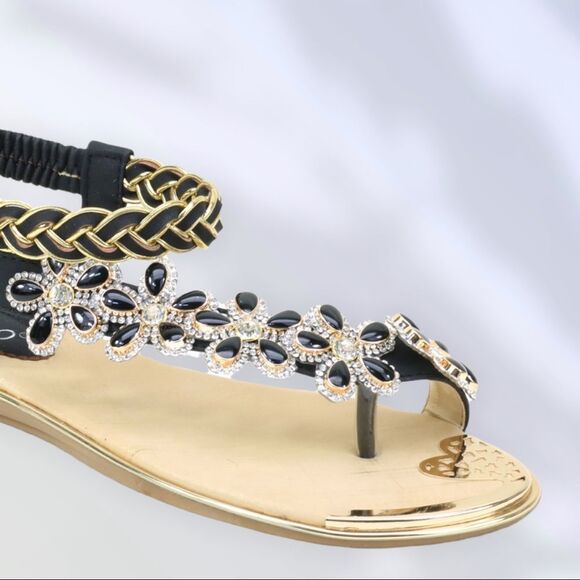 Restocked! Italina Peachy Tan Floral Rhinestone Gold Woven Flat Sandal - Picture 12 of 12